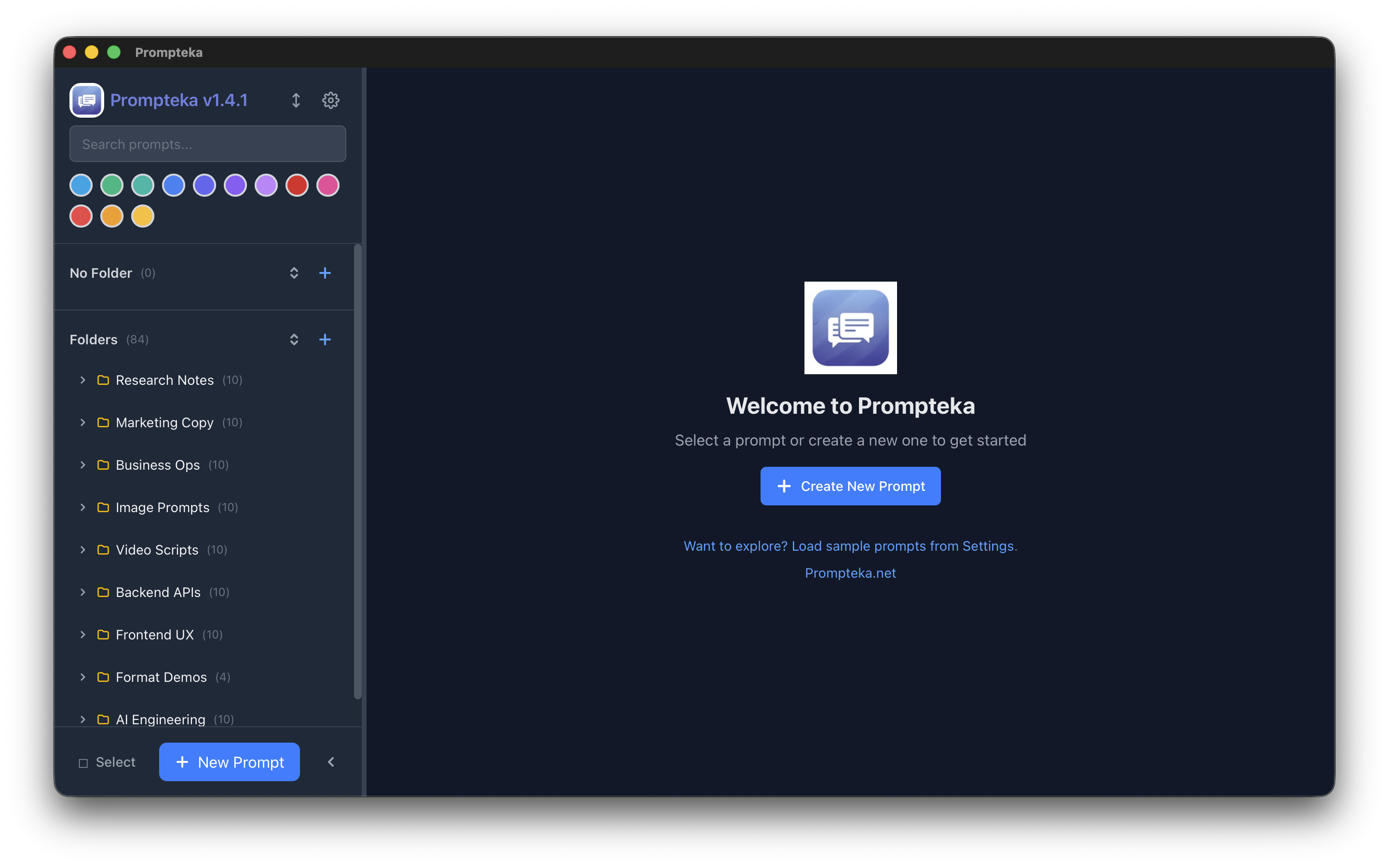 Prompteka overview showing folder organization and AI prompt library interface