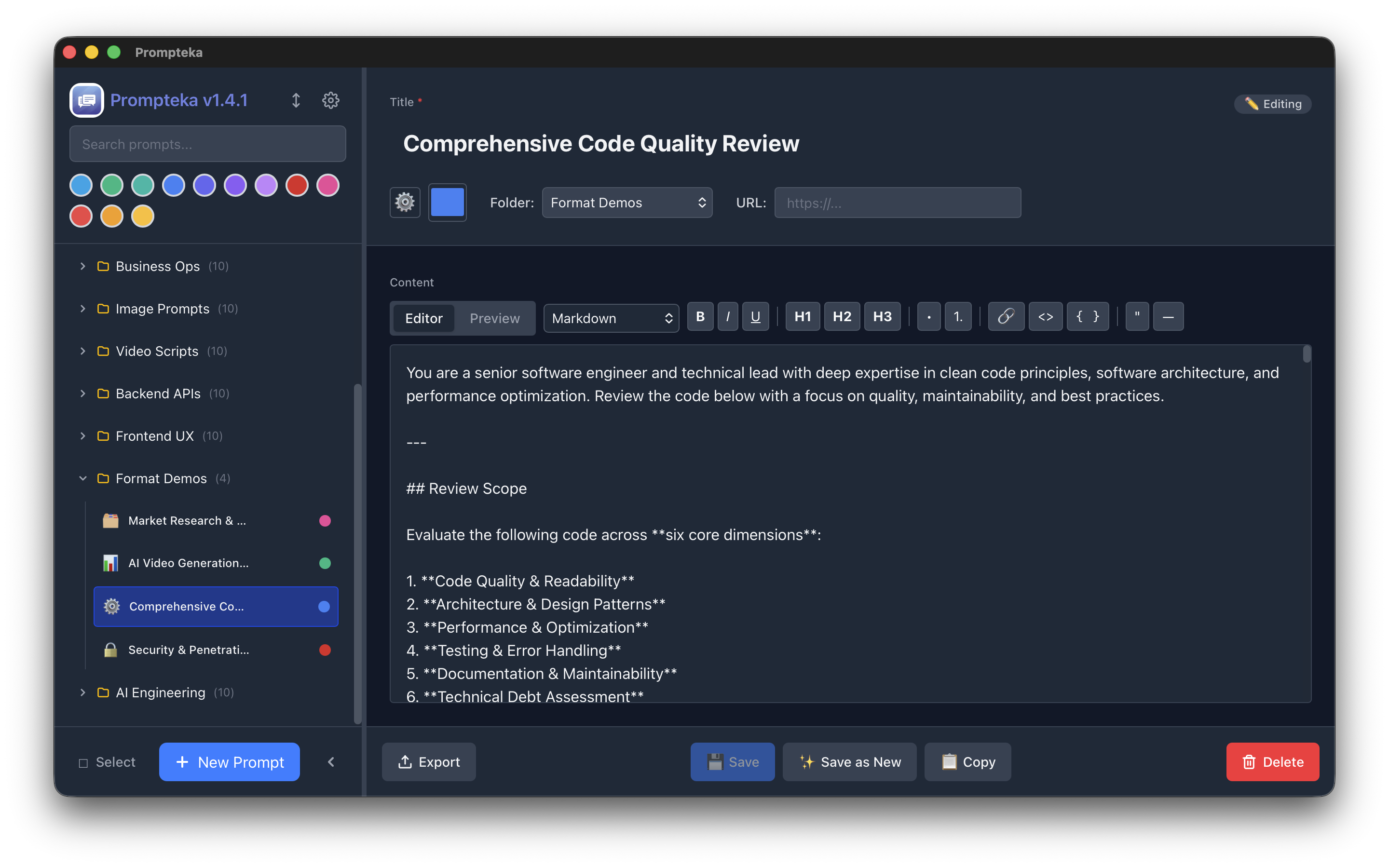 Prompteka markdown editor with syntax highlighting and real-time preview