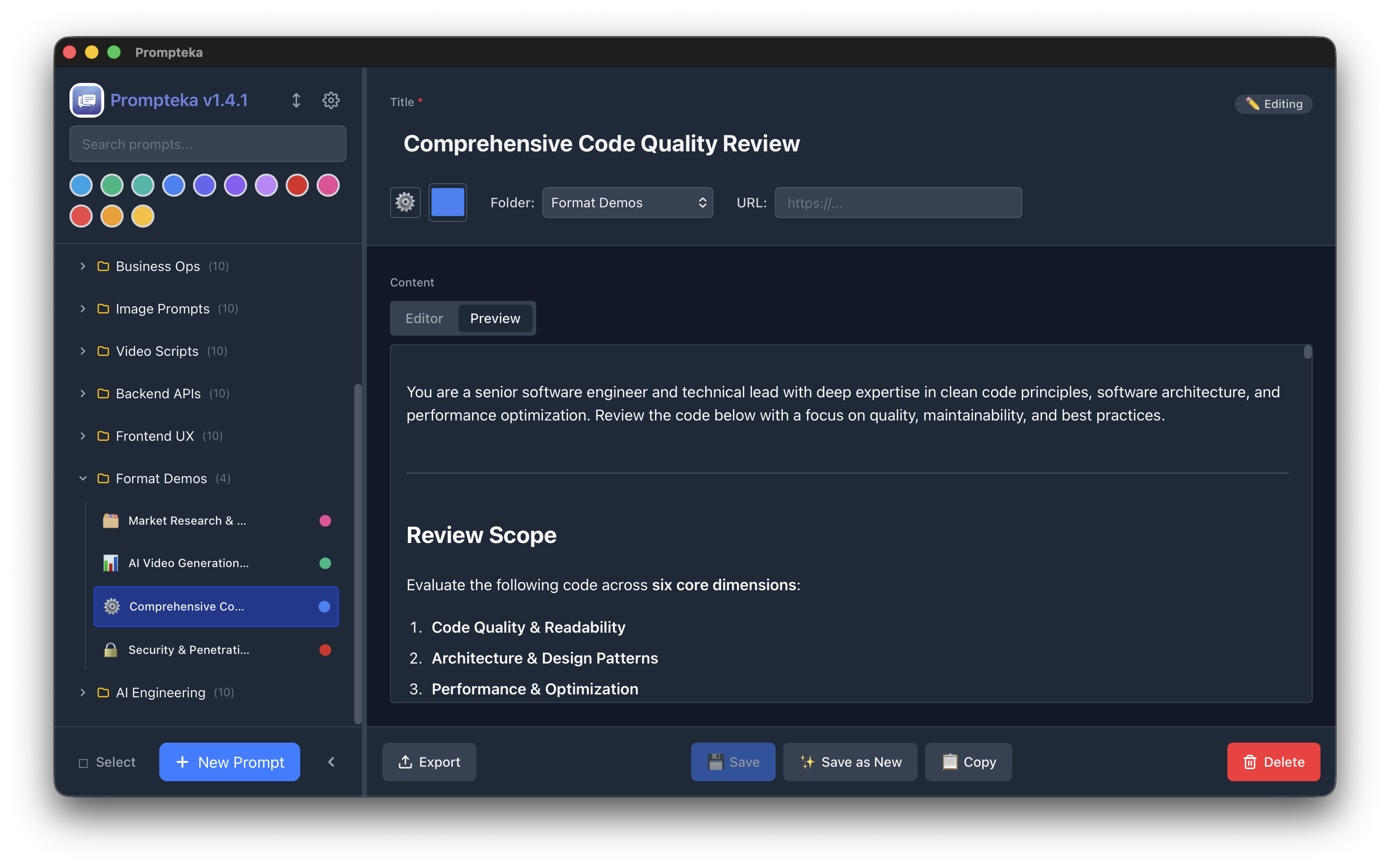Prompteka markdown preview with formatted text and emoji support