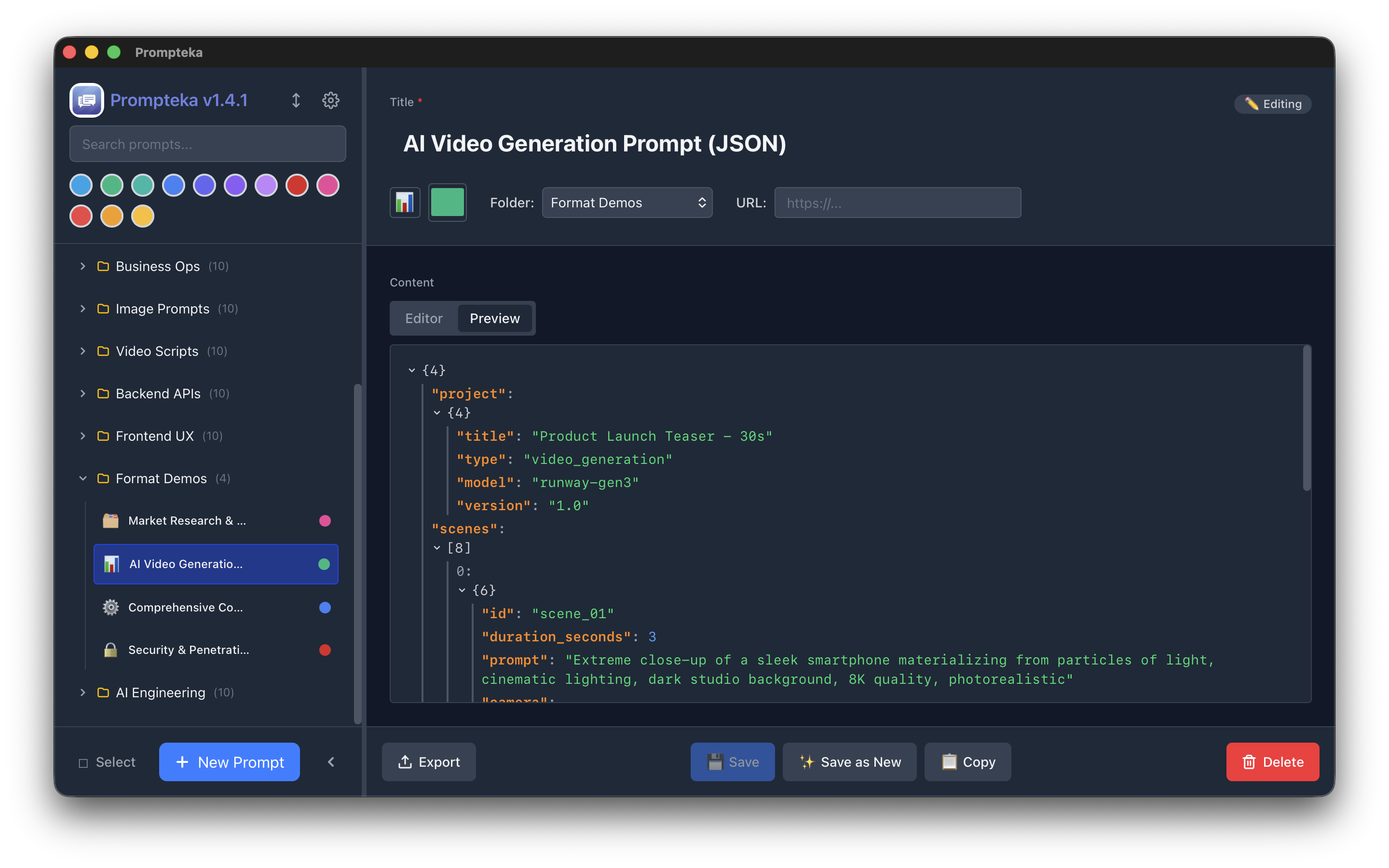 Prompteka JSON preview with syntax highlighting and formatting