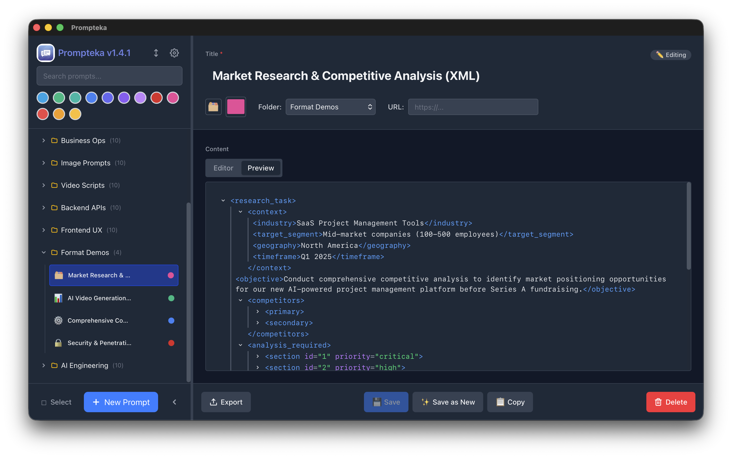 Prompteka XML preview with structured data visualization