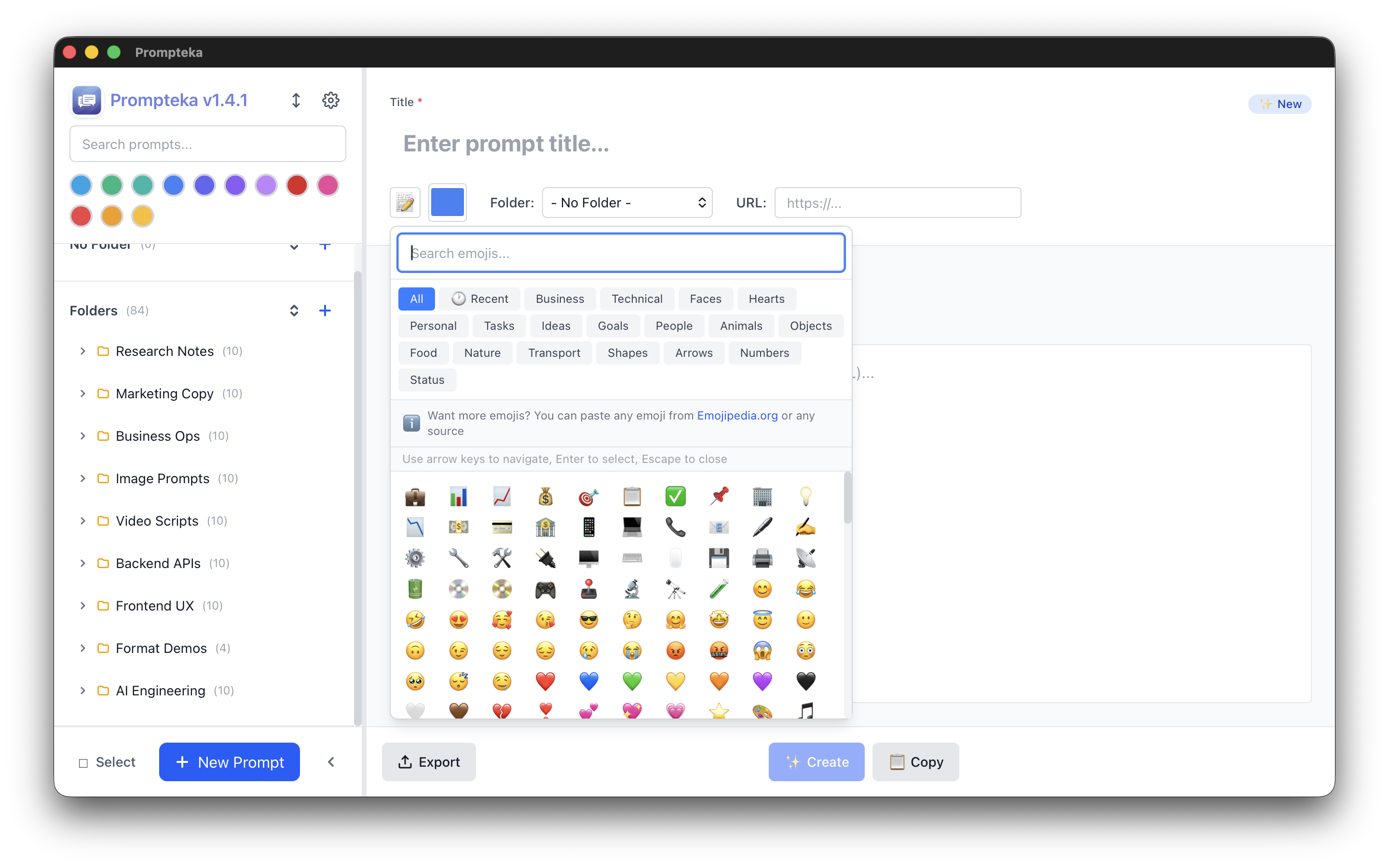 Prompteka emoji picker with 269+ emojis across 13 categories