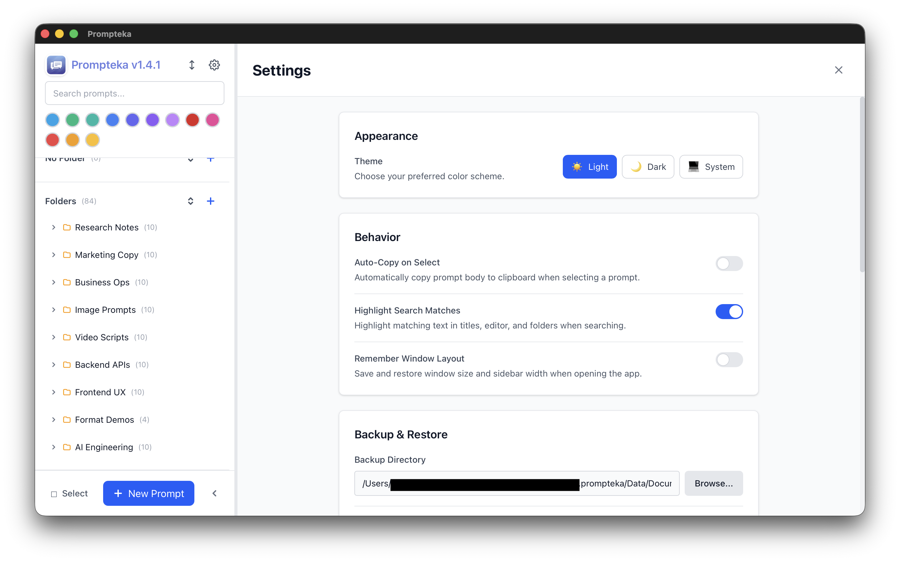 Prompteka settings panel with theme customization and preferences