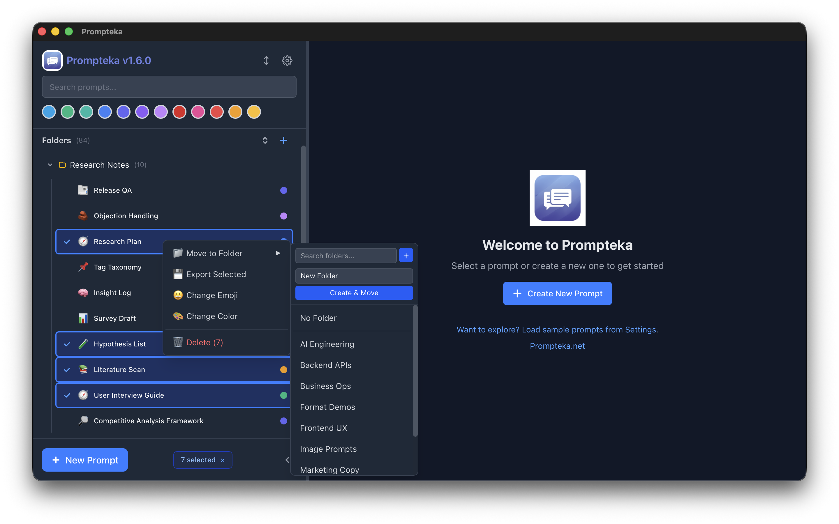 Prompteka multi-select feature with context menu for bulk actions